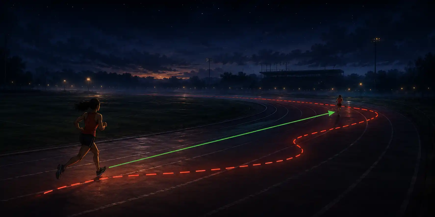 A runner on a dark twilight track with red dashed trail showing the path travelled and a green straight arrow showing net displacement