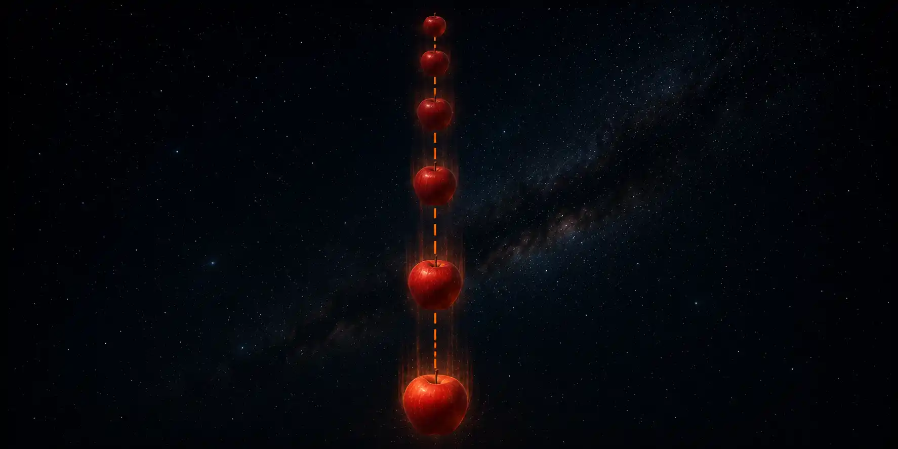 A red apple falling through dark space, captured as a strobe sequence with the ball appearing at five positions, each gap larger than the last