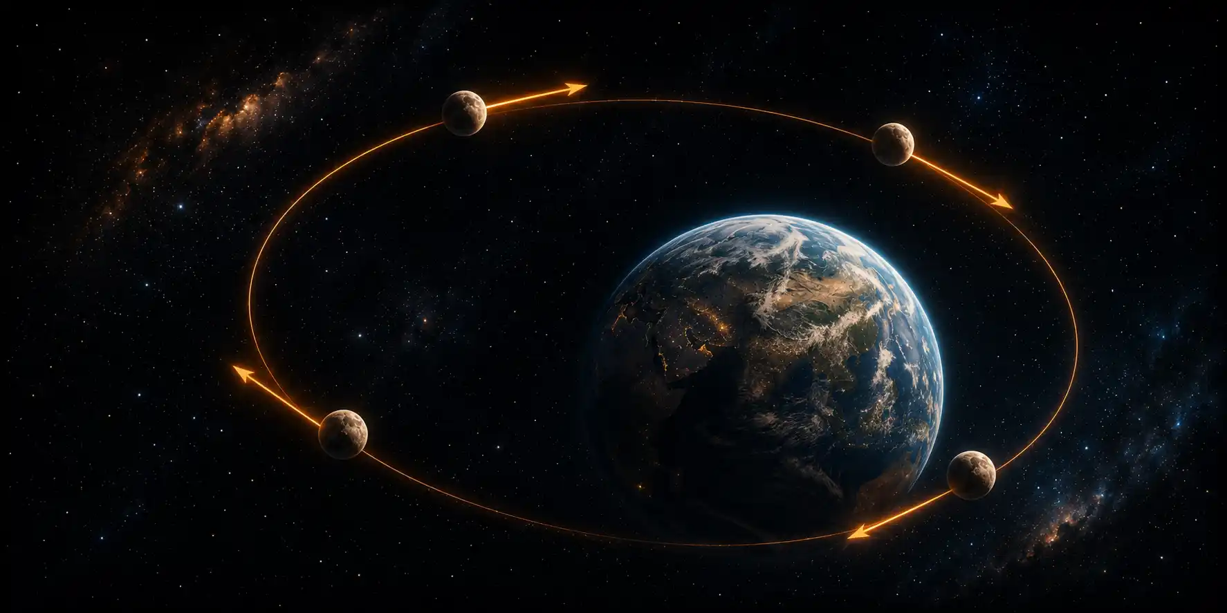 A bright moon orbiting Earth at twilight, with a glowing curved orange trail tracing the orbit and faint tangent arrows at multiple points along the path