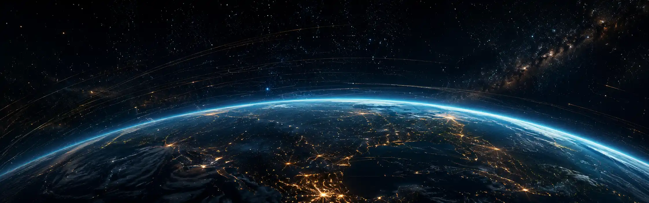 Earth from space at night with motion-trails of city lights and faint orbital arcs above