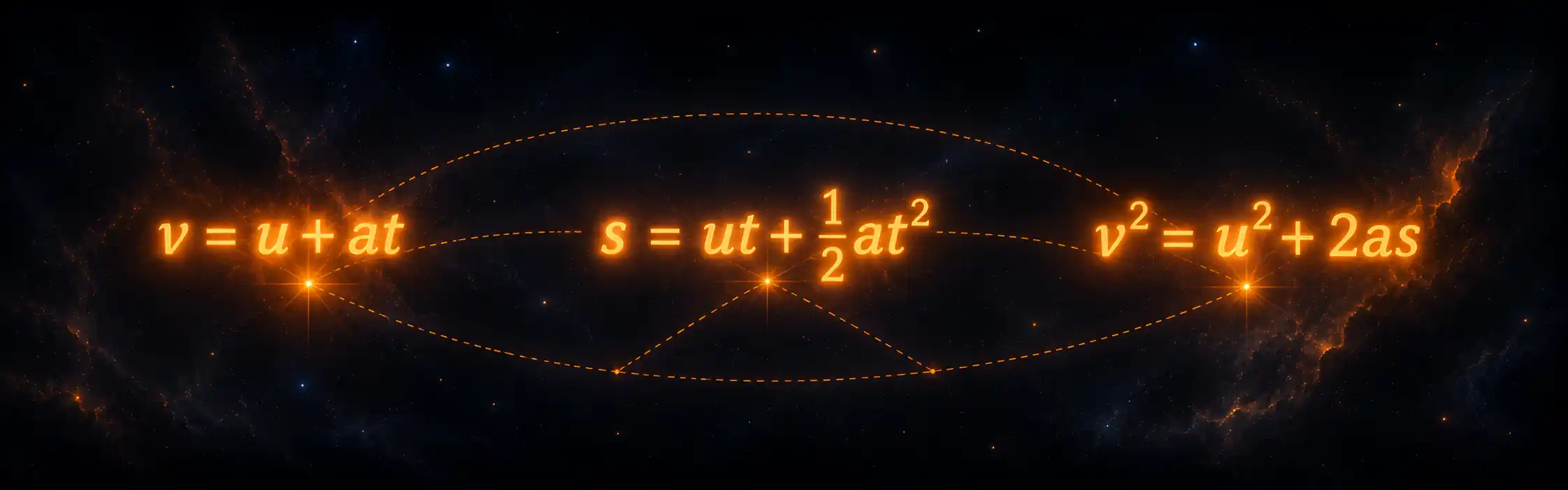 Three glowing physics equations floating in dark space, connected by faint orange lines suggesting they share a single common origin