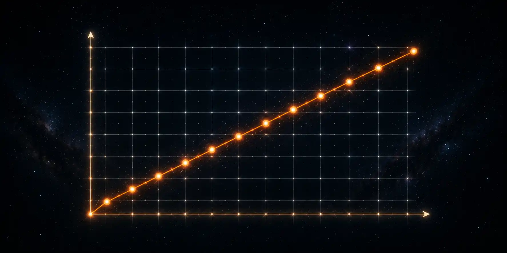 A glowing line graph floating in dark space showing position rising over time, with constellation-like dots marking each measurement