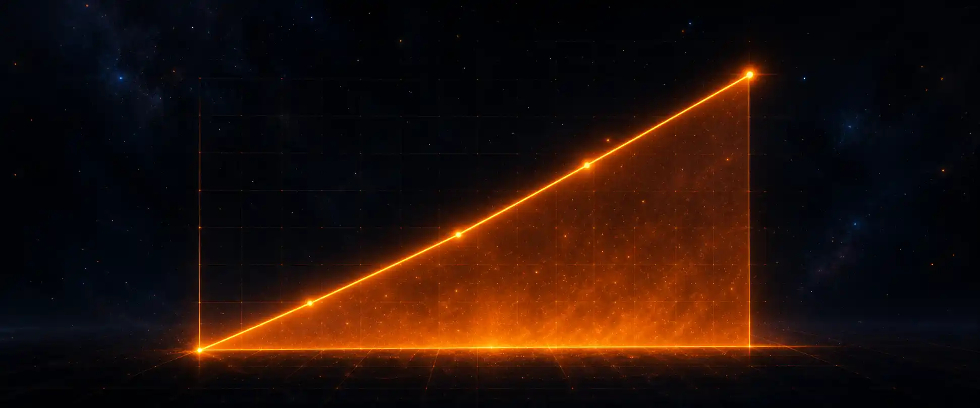A clean velocity-time line graph rising from origin and a glowing orange shaded triangle beneath it suggesting that the area below the line carries hidden meaning