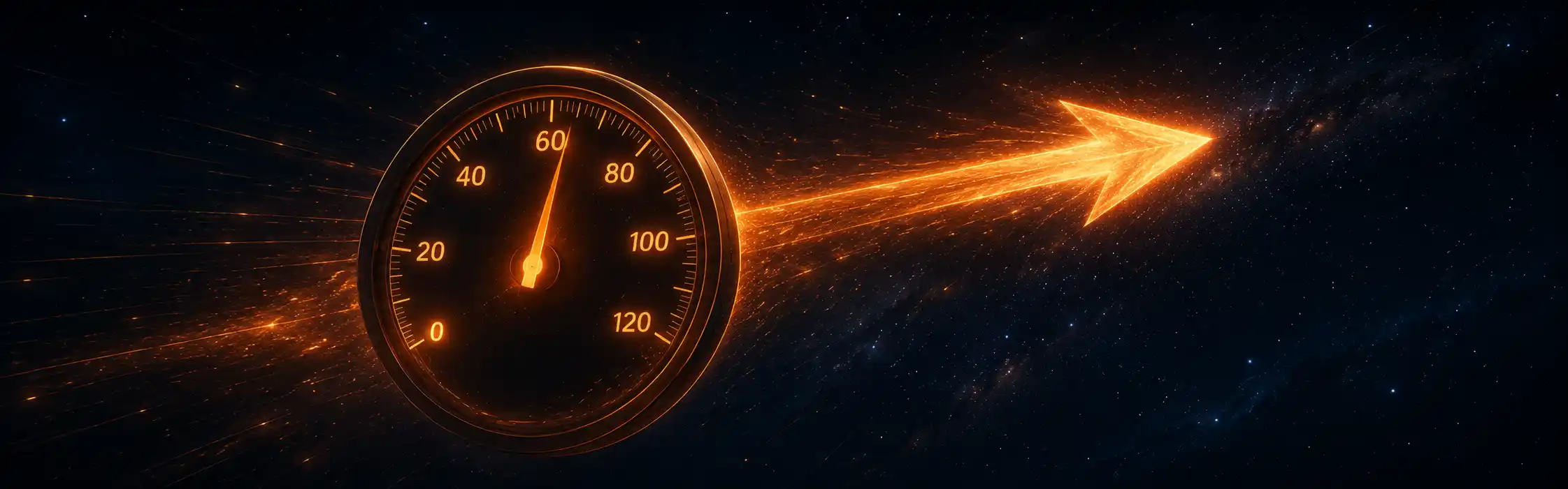 A glowing speedometer dial floating in a dark space with a directional arrow shooting outward from its centre, suggesting that magnitude alone is incomplete without direction