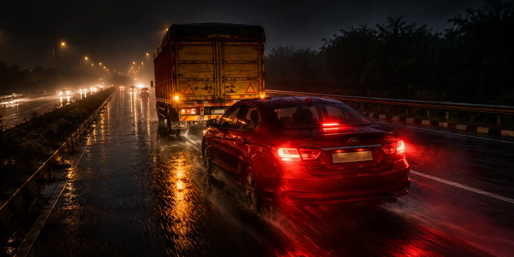 Two cars on a dark wet highway at night, one braking sharply with red brake lights blazing, the gap between them dangerously small