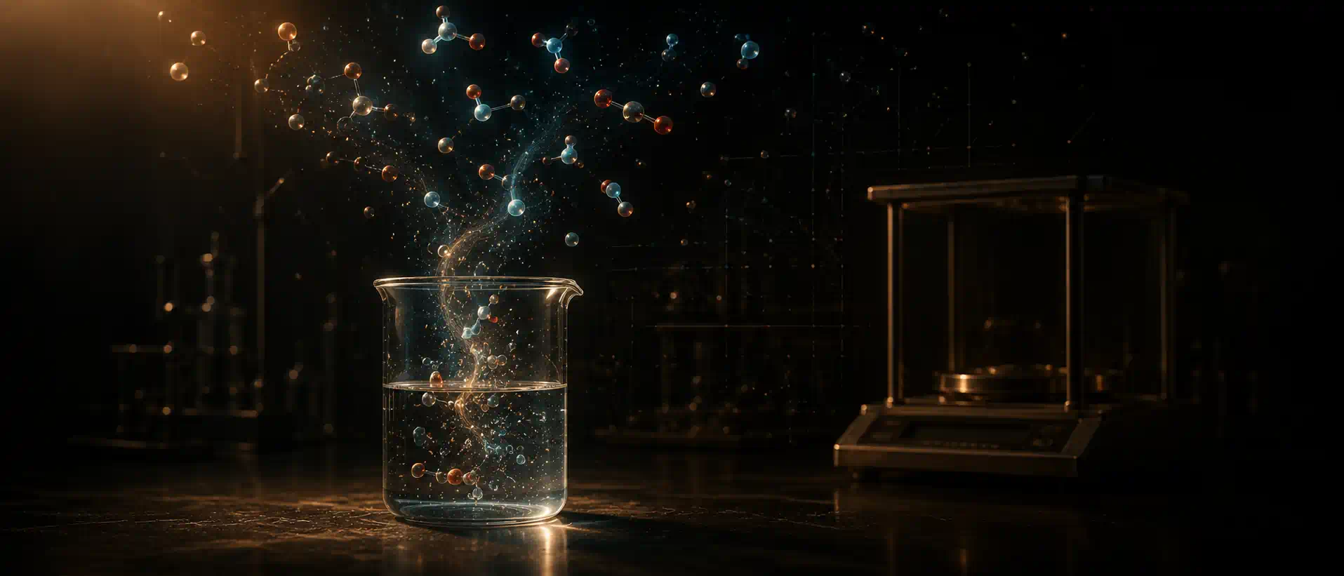 A glass beaker on a dark lab bench with luminous particles rising into a constellation of atoms and molecules