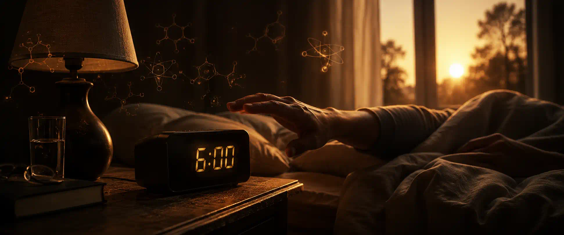 A bedside table at dawn with a digital alarm clock, subtle molecular structures glowing faintly in the air around it